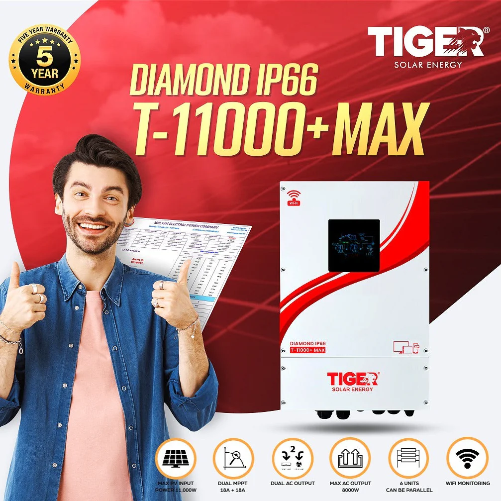 Tiger T-11000+ Diamond Series 8kW Hybrid solar Inverter With 11000W PV | Built-in WiFi | Dual Output | RGB Lights | Touch Display IP66 - Image 2