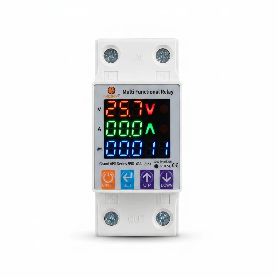 Mora 8in1 Voltage Protector | Over & Under Voltage Protective Device with kWh Meter, Unit(KWh) Lock, Frequency & Power Display