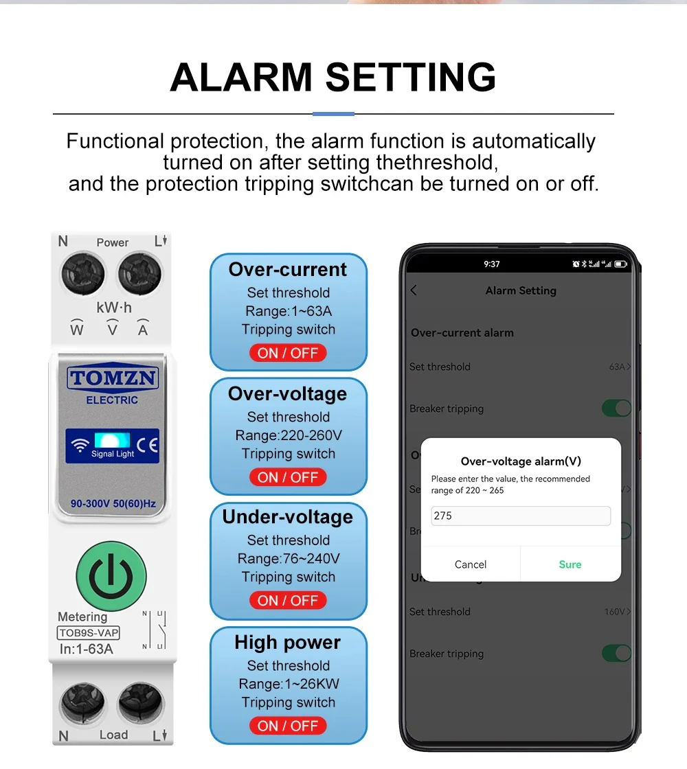 Tomzn TOB9S-VAP 8in1 63A WIFI Smart Switch with monitoring and Protection, TOMZN wifi breaker full function - Image 4
