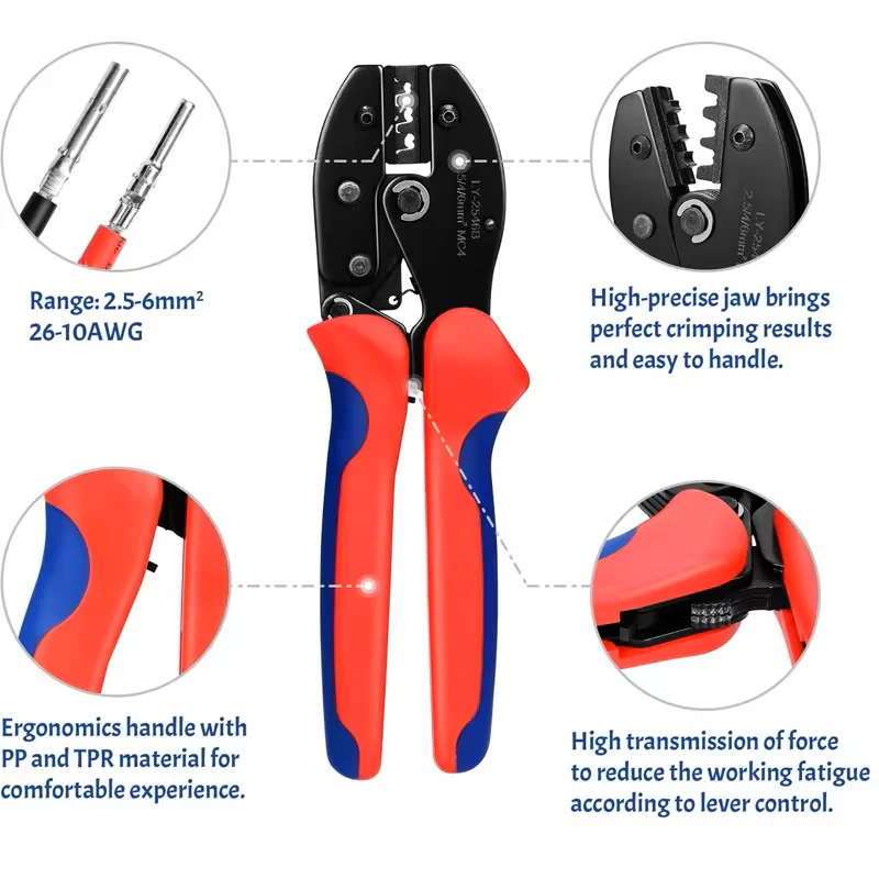 YTH-2546B-23 Suit Solar Crimping Pliers Tools Kit For MC4 Cable Electeical Connectors Solar Panel PV Cable 5 Male Female Connectors Termianls Sets - Image 3